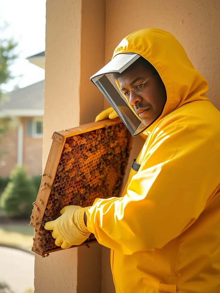 An image of a technician carefully removing a beehive from inside a wall structure, showcasing the structural beehive removal service.