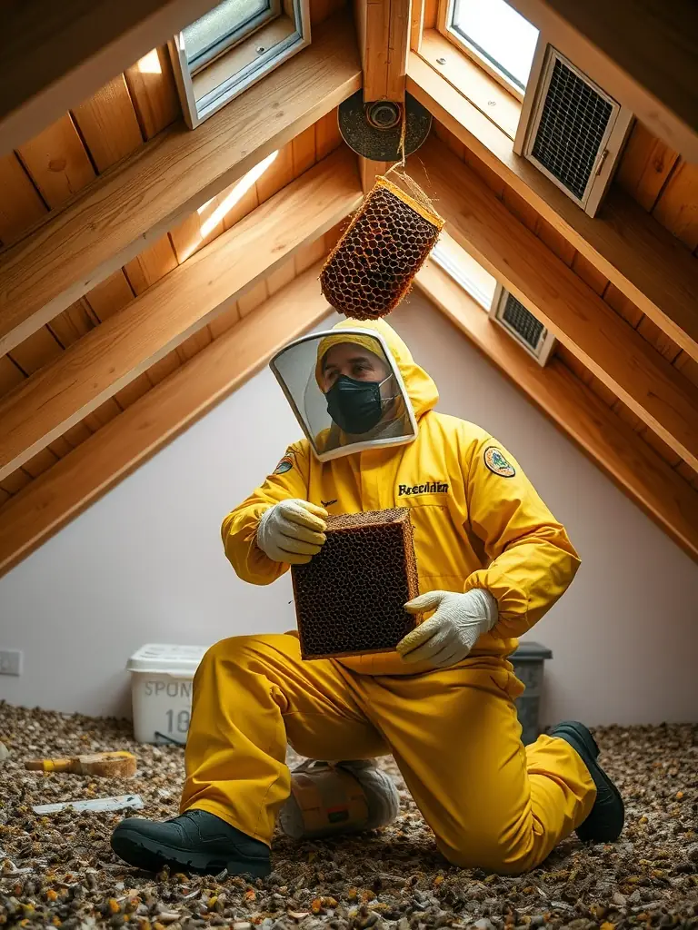 A technician wearing protective gear, carefully extracting a honeycomb from a residential attic in Pasadena, California.