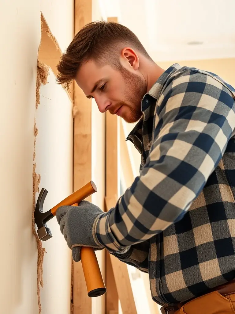 A carpenter repairing a section of a wall where a beehive was removed, showcasing the repair and restoration process.