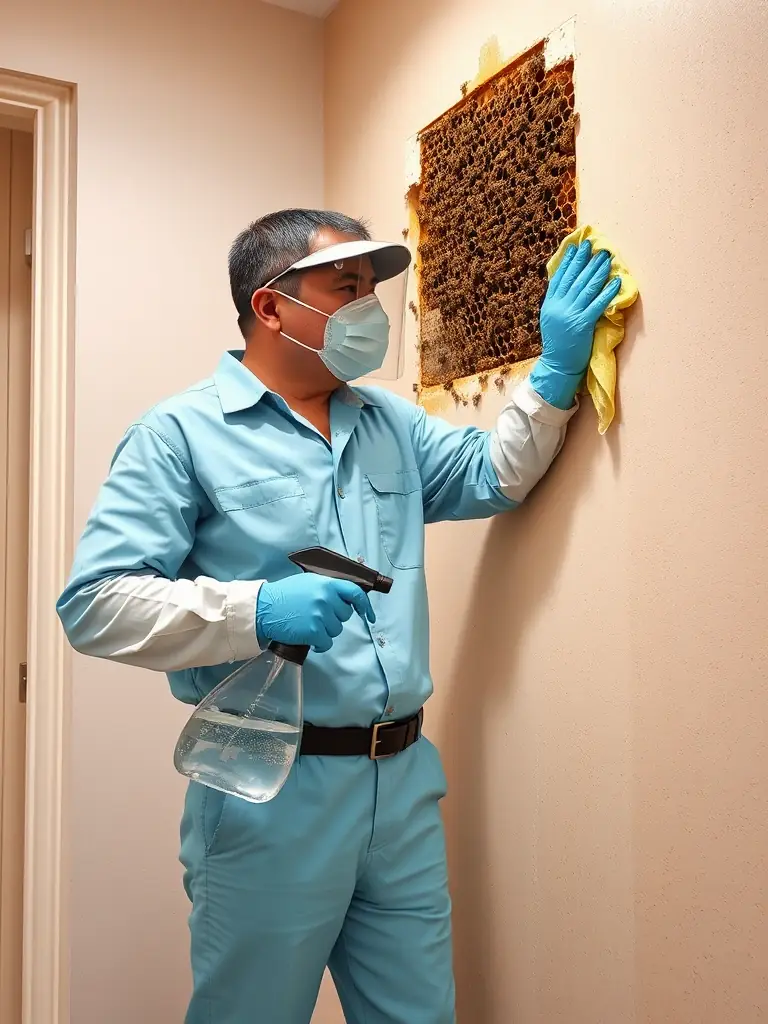 A worker cleaning and sanitizing the area where a beehive was previously located, ensuring all traces of the hive are removed.