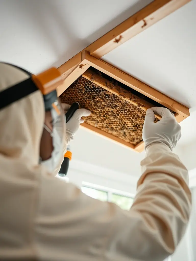 A technician using specialized equipment to safely extract a honeycomb from a wall cavity, demonstrating the careful removal of the hive.
