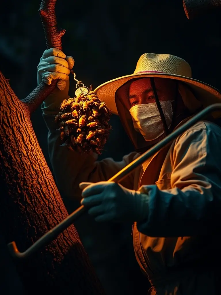 An image showing a professional carefully removing a beehive from inside a wall, highlighting the precision and care taken during the process.